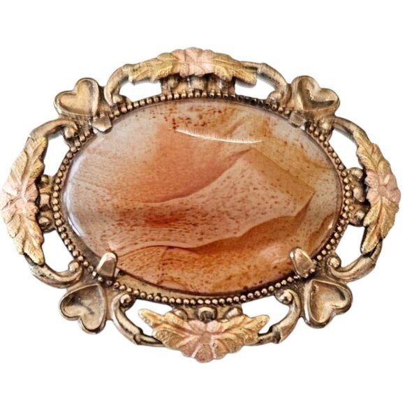 LSP Peterson Co. 1-20 12K GF Ornate Heart Floral Oval Agate Domed Cab Brooch J22 - Picture 6 of 6